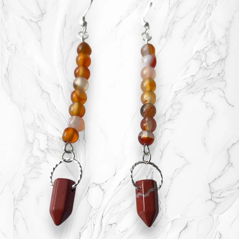 Hand Crafted Earrings Agate Red Jasper Long Dangle Pierced Natural Stones - Picture 2 of 4
